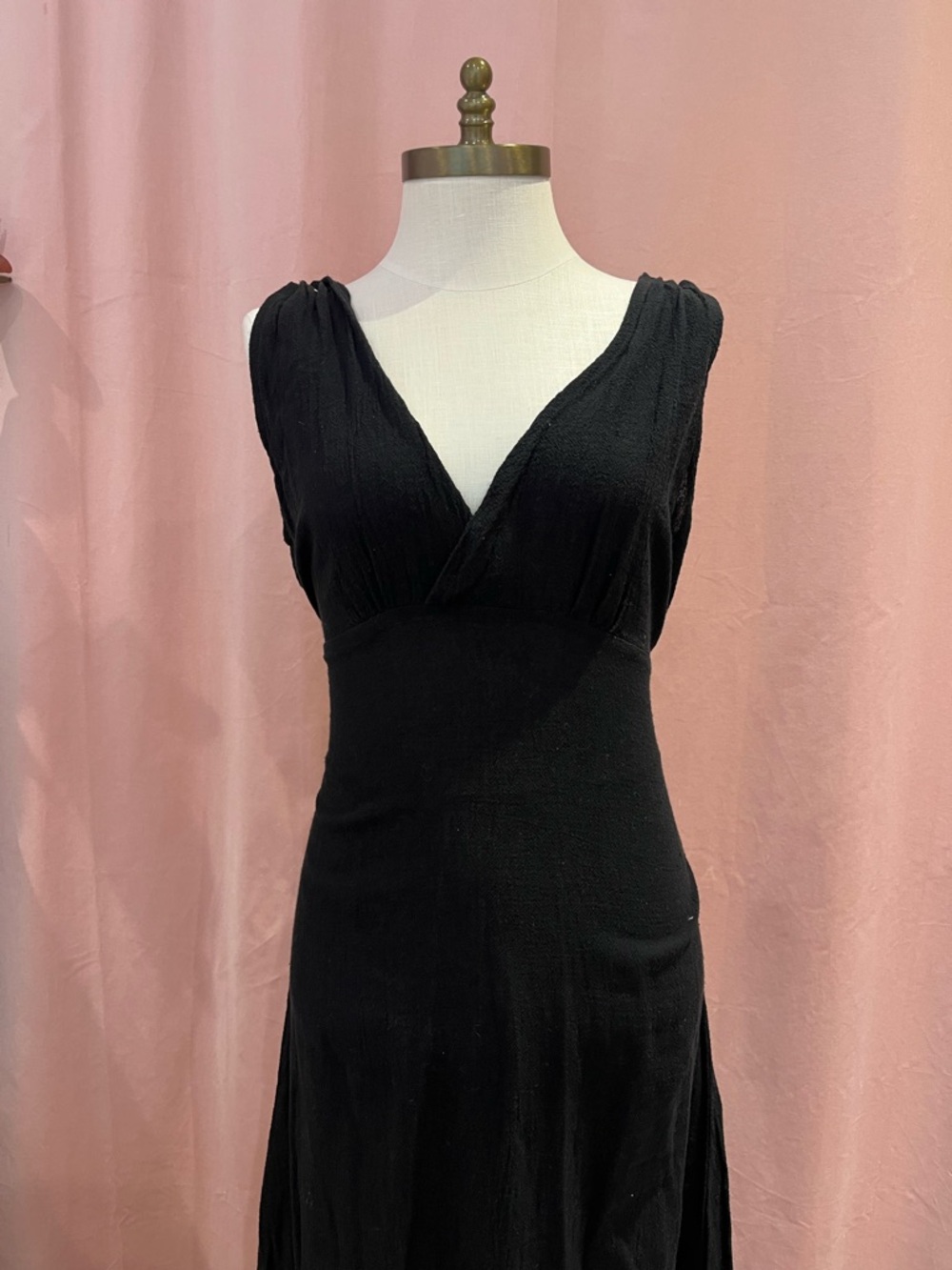 Black Open Back Tie Midi Dress Size M 100% Cotton V Neck Boho Artisan